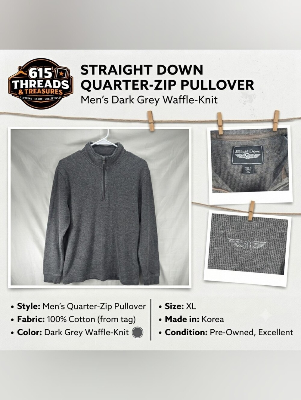 Straight Down Men’s Dark Grey Quarter-Zip Waffle-Knit Pullover